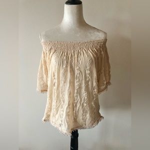 Tan Zara Lace Off the Shoulder Blouse, Size M
